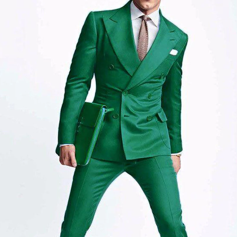 Kruvaze Yeşil Erkek Takım Elbise Düğün Balo Doruğa Yaka 2 Parça Özel Damat Smokin Slim fit Erkek Moda Giyim 2020