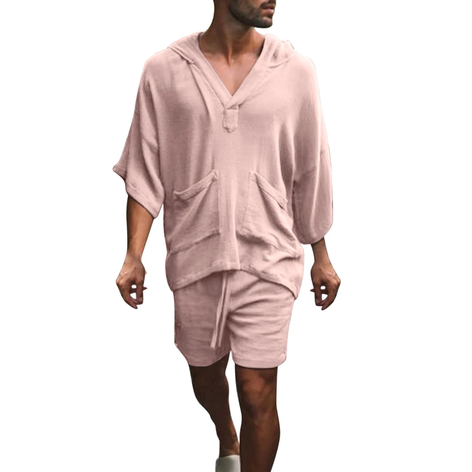 2022 Moda erkek giyim Yaz İki parçalı Pamuk ve Keten Gevşek Kapşonlu Üst Rahat Şort Takım Elbise Tatil Kombinasyonu Spor