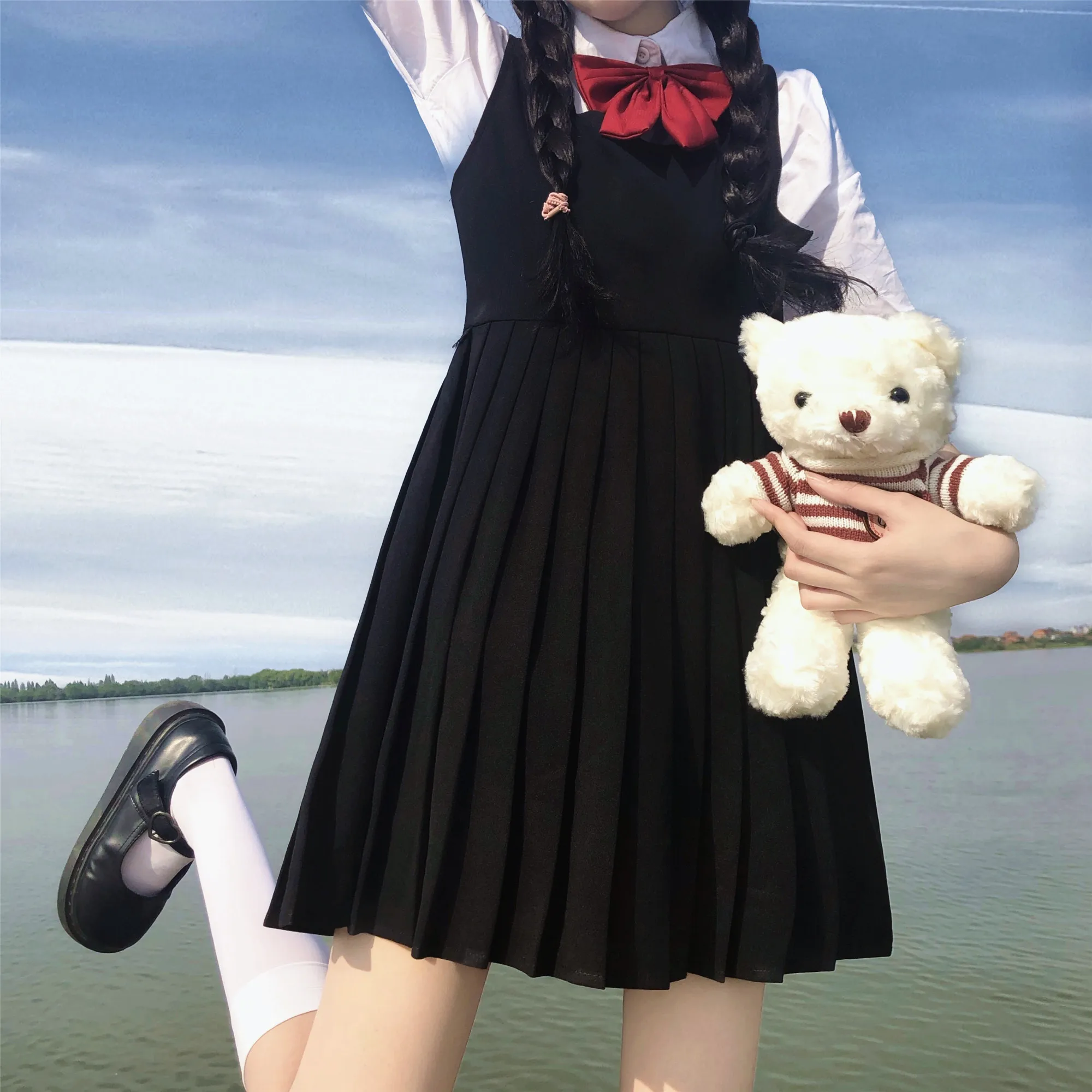 2023 japon tarzı jk okul üniforması kızlar için yüksek bel yelek elbise beyaz gömlek papyon tatlı okul günlük takım elbise iki parçalı takım elbise
