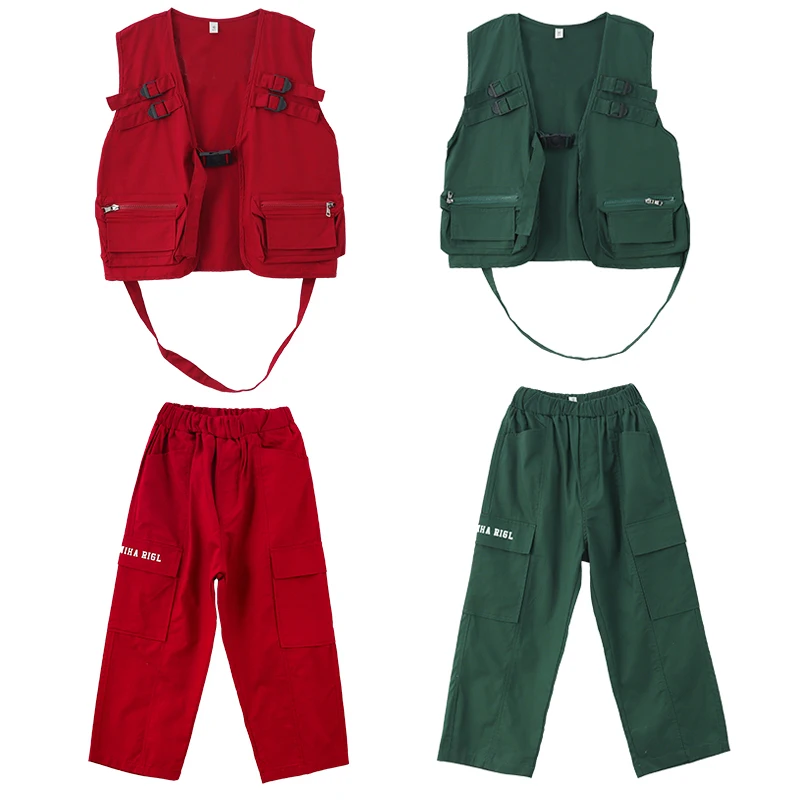 Moda Kırmızı Yeşil Yelek Pantolon Kız Erkek Caz Kostümleri Sokak Dansı Hip-Hop Dans Elbise Çocuklar Sahne Kpop Kıyafet SL7788