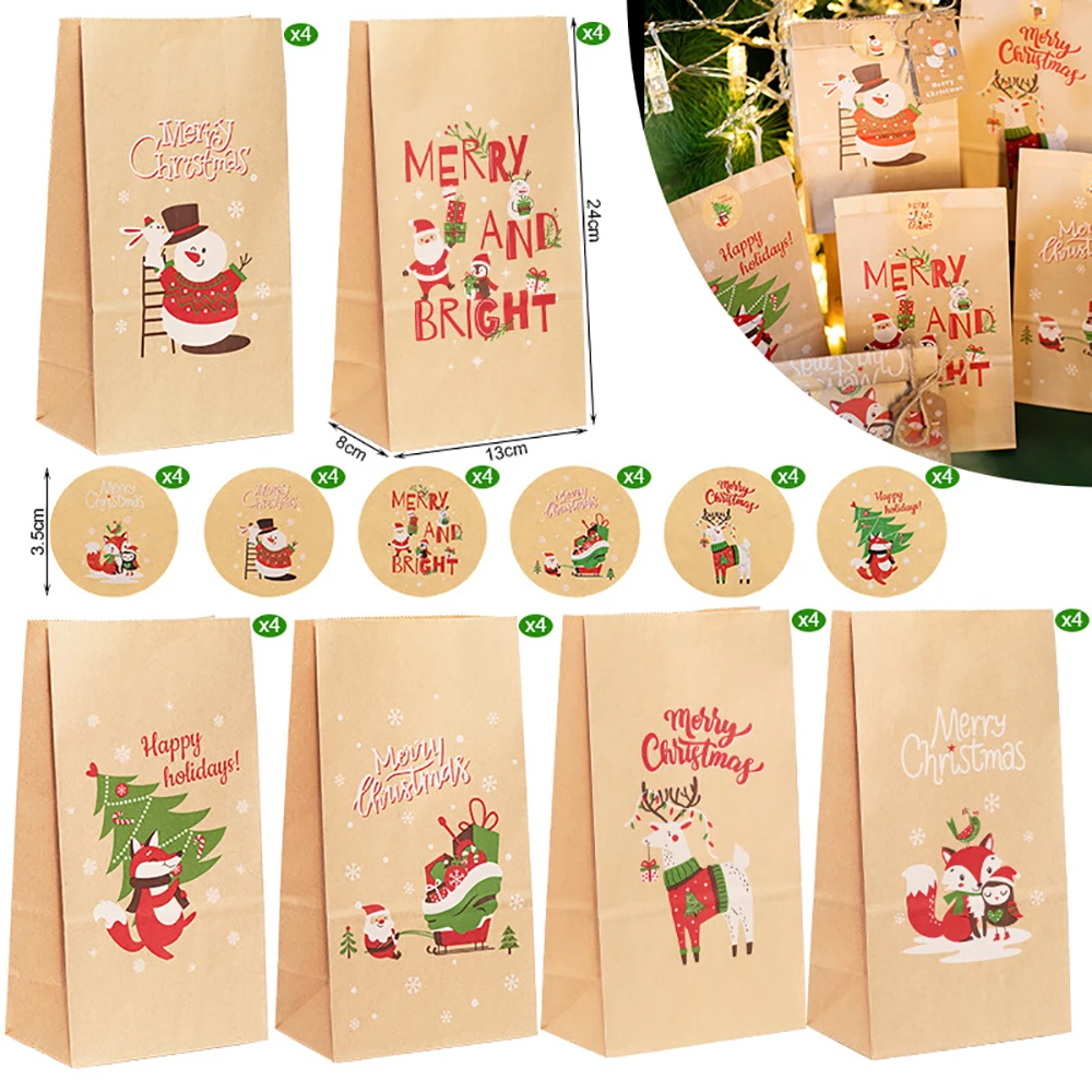24 Setleri Noel Kraft Kağıt Torbalar Noel Baba Kardan Adam Noel Partisi Favor Çanta Şeker Çerez Hediye Ambalaj Kılıfı Noel Dekorasyon