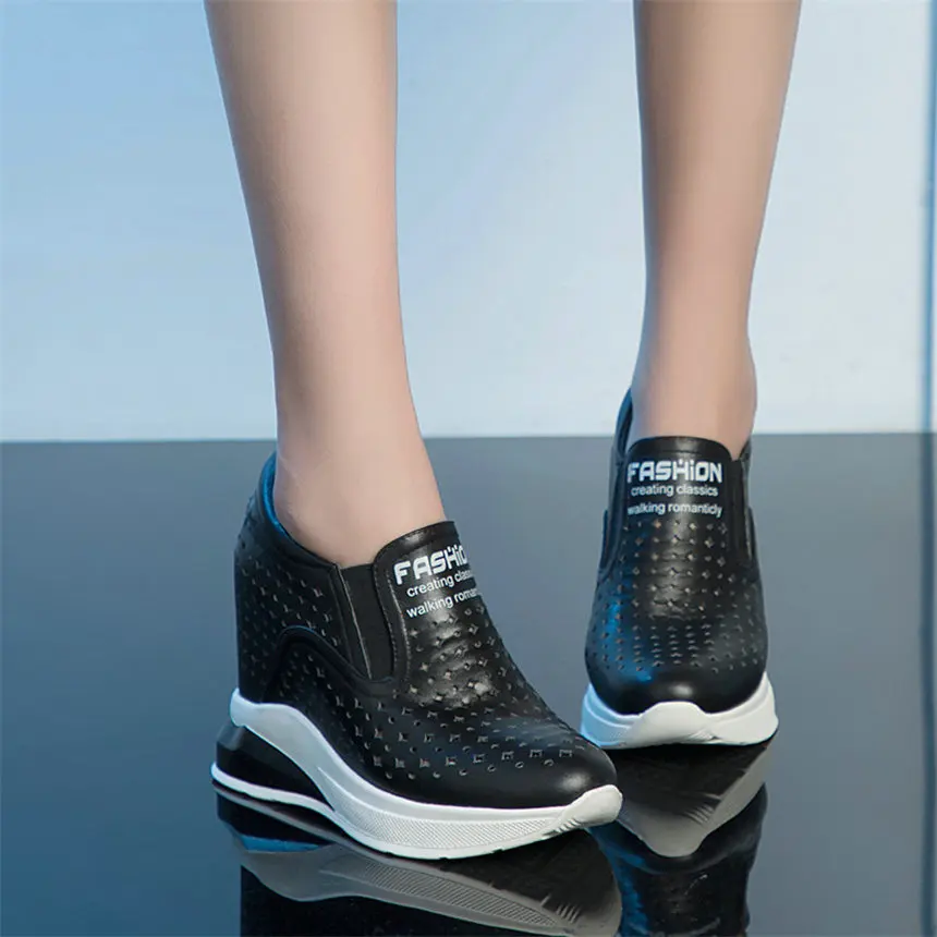 Yeni Kadın Takozlar Yüksek Topuk Platformu Pompaları Ayakkabı Kadın Yuvarlak Ayak Yaz Moda Gerçek Deri Spor Ayakkabı Nefes Rahat Ayakkabı