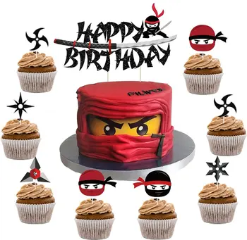 25 Adet Ninja Kek Toppers - Mutlu Doğum Günü Pastası Topper Seti Ninja Savaşçıları Cupcake Toppers Çocuklar için Ninja Doğum Günü Partisi