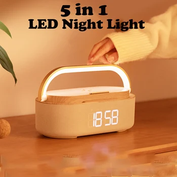 5 İN 1 LED Gece Lambası Dokunmatik Modu Üç adım Parlaklık USB Şarj dijital alarmlı saat saatli radyo bluetooth hoparlör Kablosuz Şarj Cihazı