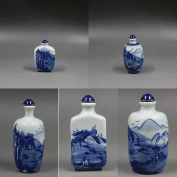 Çin Mavi ve Beyaz Porselen Qing Hanedanı Kangxi Peyzaj Tasarımı Enfiye Şişesi Antika Taklit Porselen Küçük Süslemeler