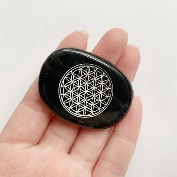 Doğal Siyah Obsidyen Palmiye Taş Çiçek Kutsal Geometrik Sembol Çakra Şifa Enerji Kristalleri Taş Ev Dekor 1 adet