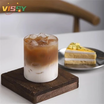 300 ML ısıya dayanıklı cam bardak düz çizgili cam buzlu Latte Americano fincan japon dikey cam su süt kahve kupa