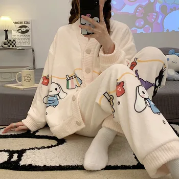 Sanrio Kawaii Kaliteli Hırka Pijama Cinnamoroll Kuromi Genç Kız Karikatür Anime Takım Elbise Öğrenciler Sonbahar Kış Ev Giyim