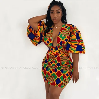Kadınlar için afrika Elbiseler Baskı Maxi Bazin Yeni Moda Seksi V Yaka Kısa Kollu Dashiki Bayanlar Ankara Parti Gece Kulübü Elbise