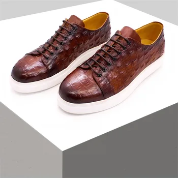 Erkek Rahat deri ayakkabı Kahverengi Timsah Desen erkek ayakkabıları Dantel-up Lüks El Yapımı düz ayakkabı erkek Günlük Kalma parti ayakkabıları