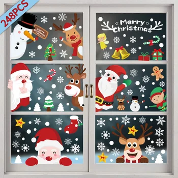 Noel Pencere Çıkartmaları Çocuklar için Noel Noel Baba Geyik Kar Tanesi Merry Christmas Dekor Sanat Çıkartması Duvar Ev Dükkanı Dekor Çıkarılabilir