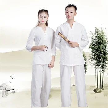Çin Geleneksel Yoga Seti Kadın Erkek Kung Fu Üniforma Keten Gömlek Üst Pantolon Tai Chi asya kıyafetleri Hanfu Giyim Kostüm Takım Elbise