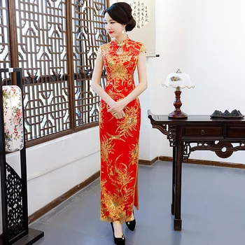 Kırmızı Nakış Bling Çiçekler Cheongsam Etek Zarif Bölünmüş Gelin Düğün Parti Saten Düz Elbiseler Ince Uzun Etek Elbisesi Qipao