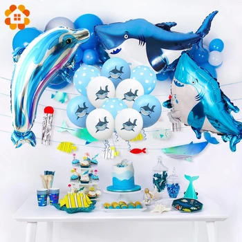 1 TAKIM Köpekbalığı / Yunus / Balık Karikatür Balonlar Deniz Hayvan Cupcake Toppers Mutlu Doğum Günü Çocuklar Kağıt Çelenk Bebek Duş Parti Malzemeleri