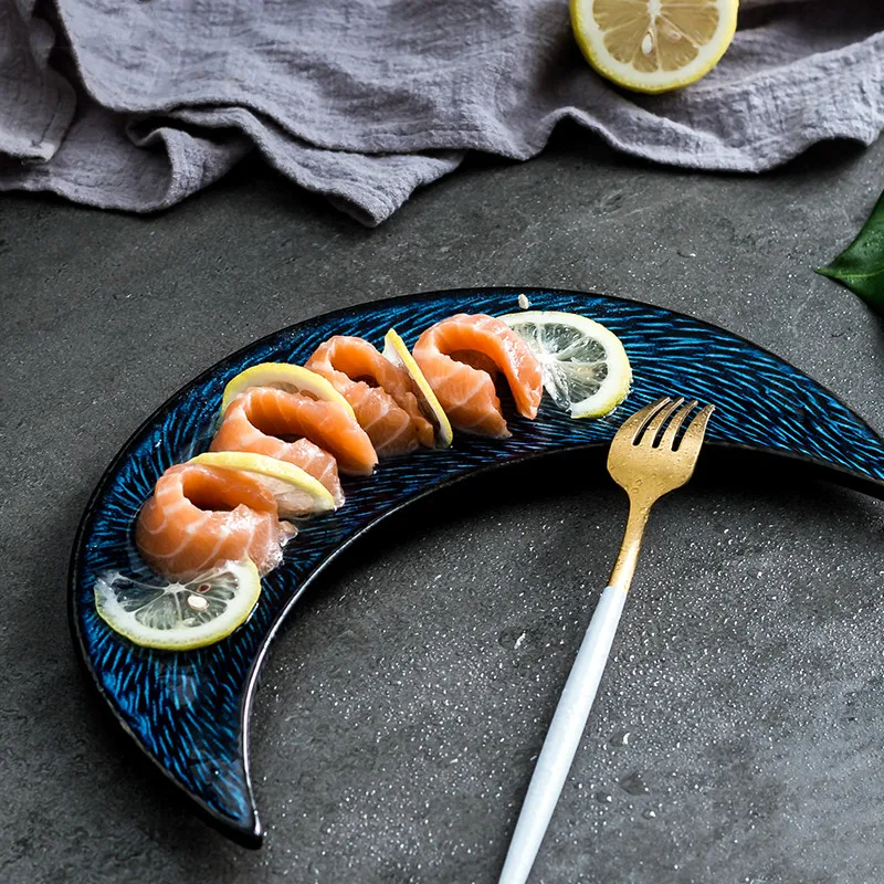 Japon suşi tabağı Seramik Yaratıcı Ay Şekli Çanak Aperatifler atıştırma tabağı Kişilik Retro Sofra Ceramica Seti Plaka