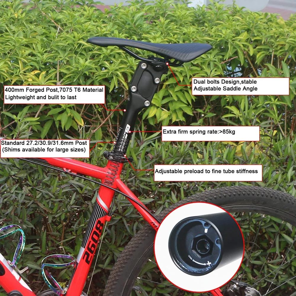 Bisiklet Sönümleme Süspansiyon Seatpost MTB Dağ bisiklet koltuğu Sonrası 27.2 28.6 30 30.4 30.9 31.6 33.9 27.2 mm * 400mm Koltuk Tüp Gerileme
